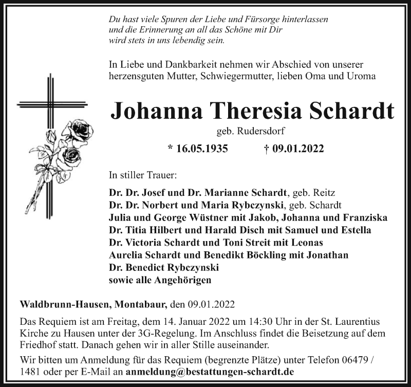  Traueranzeige für Johanna Theresia Schardt vom 12.01.2022 aus FNP
