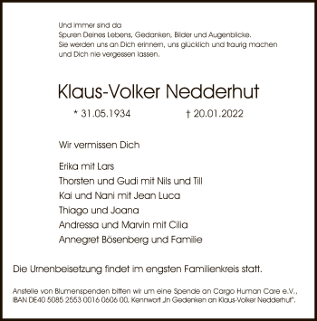 Traueranzeige von Klaus-Volker Nedderhut von FNP