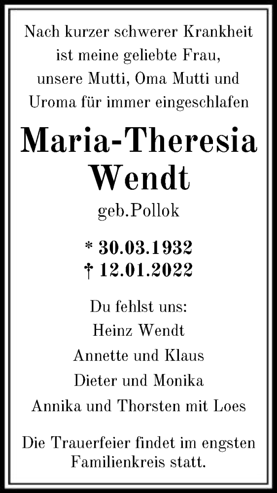  Traueranzeige für Maria-Theresia Wendt vom 15.01.2022 aus FNP