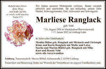 Traueranzeige von Marliese Ranglack von FNP