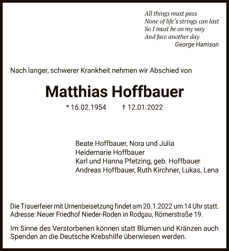  Traueranzeige für Matthias Hoffbauer vom 15.01.2022 aus FNP