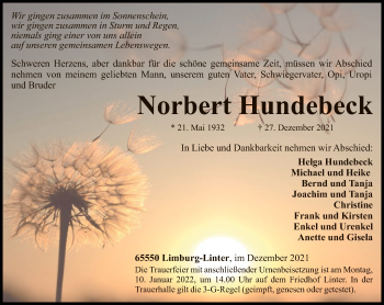 Traueranzeige von Norbert Hundebeck von FNP