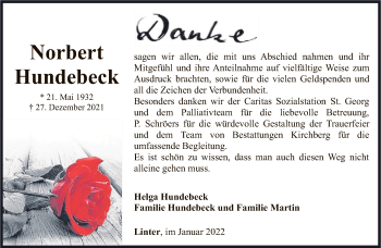 Traueranzeige von Norbert Hundebeck von FNP