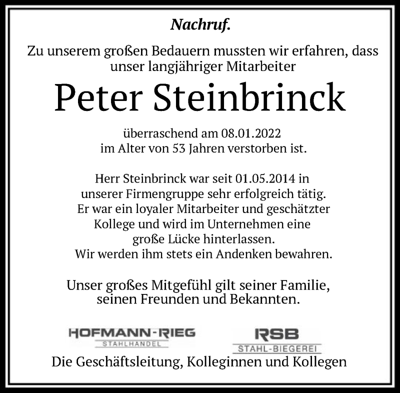  Traueranzeige für Peter Steinbrinck vom 15.01.2022 aus FNP