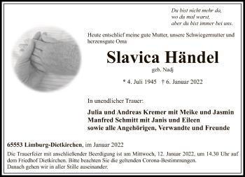 Traueranzeige von Slavica Händel von FNP