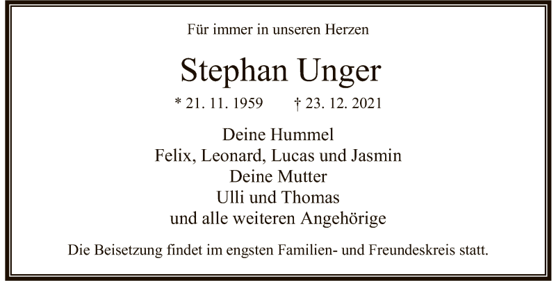  Traueranzeige für Stephan Unger vom 08.01.2022 aus FNP