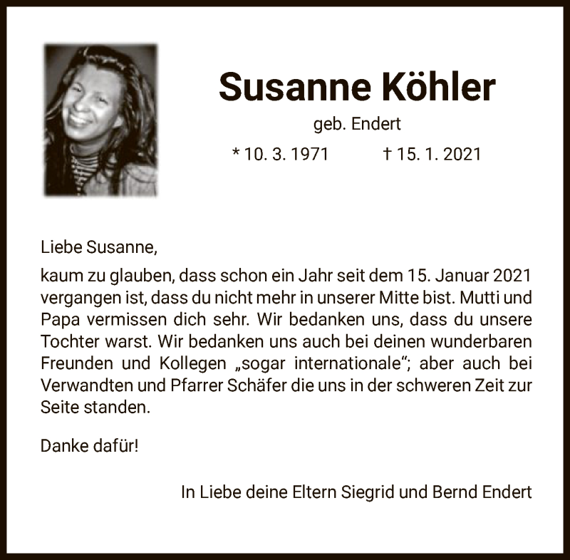  Traueranzeige für Susanne Köhler vom 15.01.2022 aus FNP