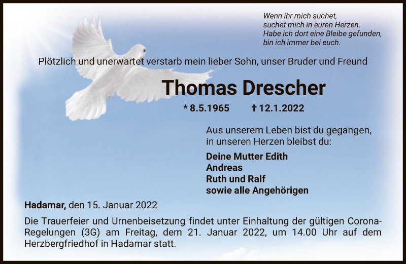  Traueranzeige für Thomas Drescher vom 15.01.2022 aus FNP
