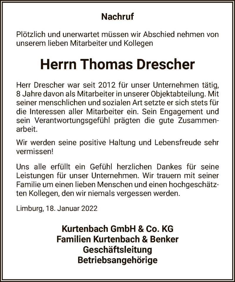  Traueranzeige für Thomas Drescher vom 19.01.2022 aus FNP