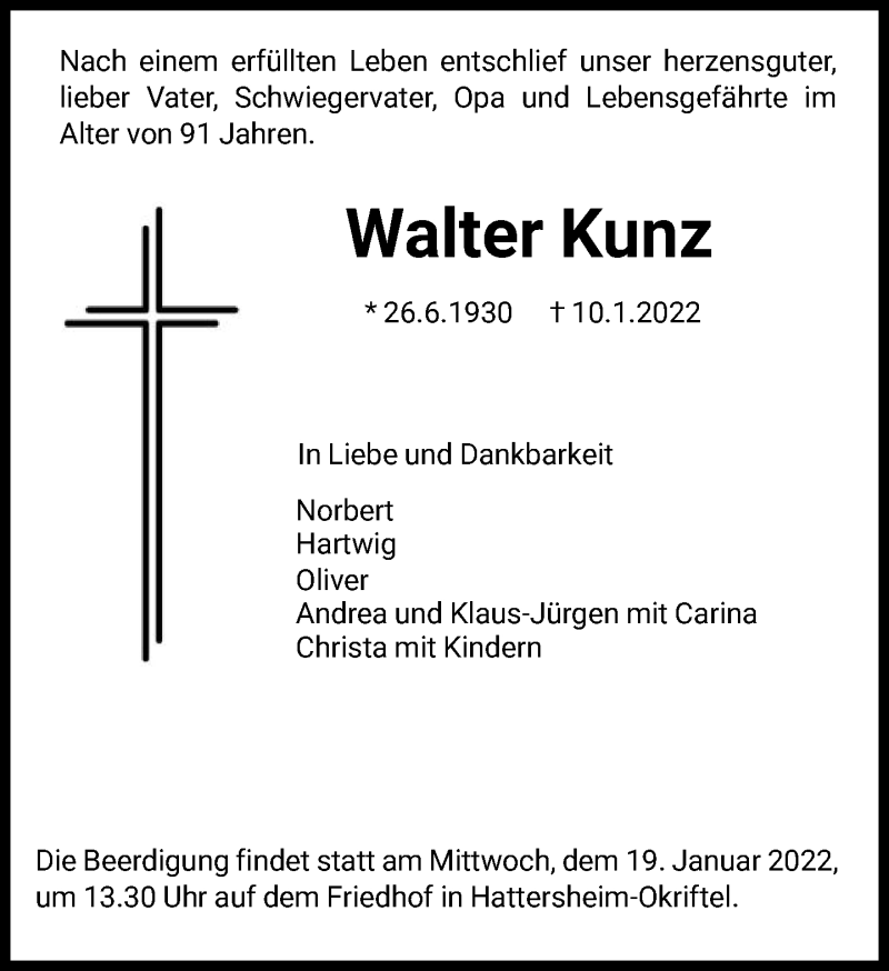  Traueranzeige für Walter Kunz vom 14.01.2022 aus FNP
