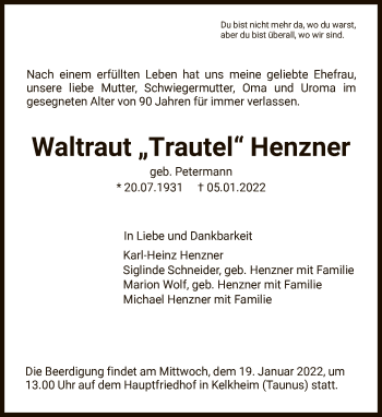 Traueranzeige von Waltraut Henzner von FNP