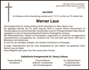 Traueranzeige von Werner Laux von FNP