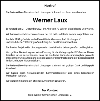 Traueranzeige von Werner Laux von FNP