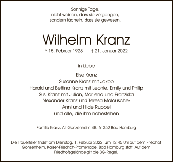 Traueranzeige von Wilhelm Kranz von FNP