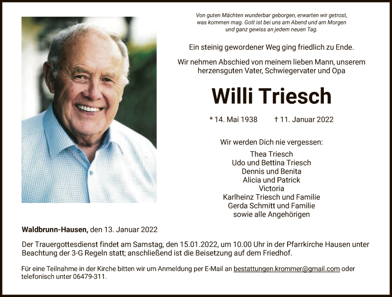  Traueranzeige für Willi Triesch vom 13.01.2022 aus FNP