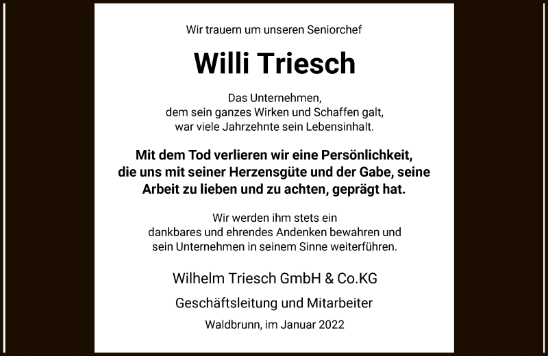  Traueranzeige für Willi Triesch vom 15.01.2022 aus FNP