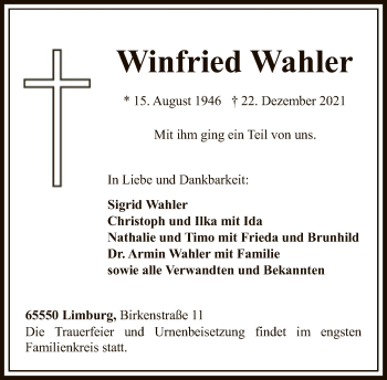 Traueranzeige von Winfried Wahler von FNP