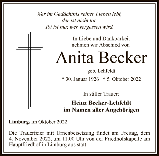 Traueranzeige von Anita Becker von FNP