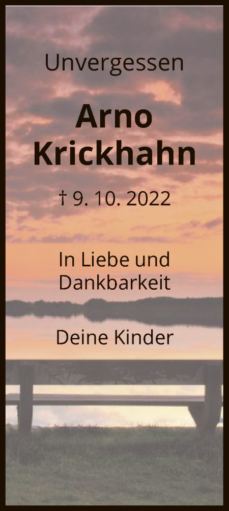  Traueranzeige für Arno Krickhahn vom 22.10.2022 aus FNP