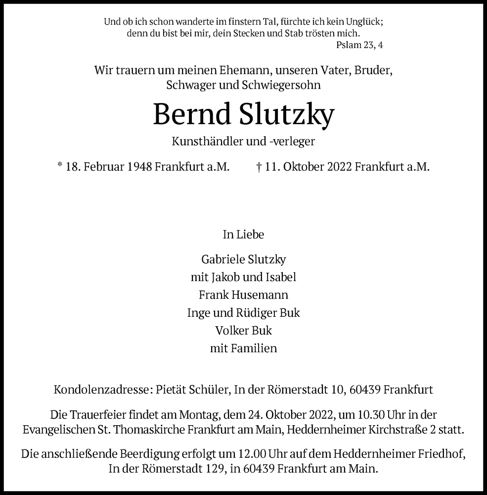  Traueranzeige für Bernd Slutzky vom 15.10.2022 aus FNP