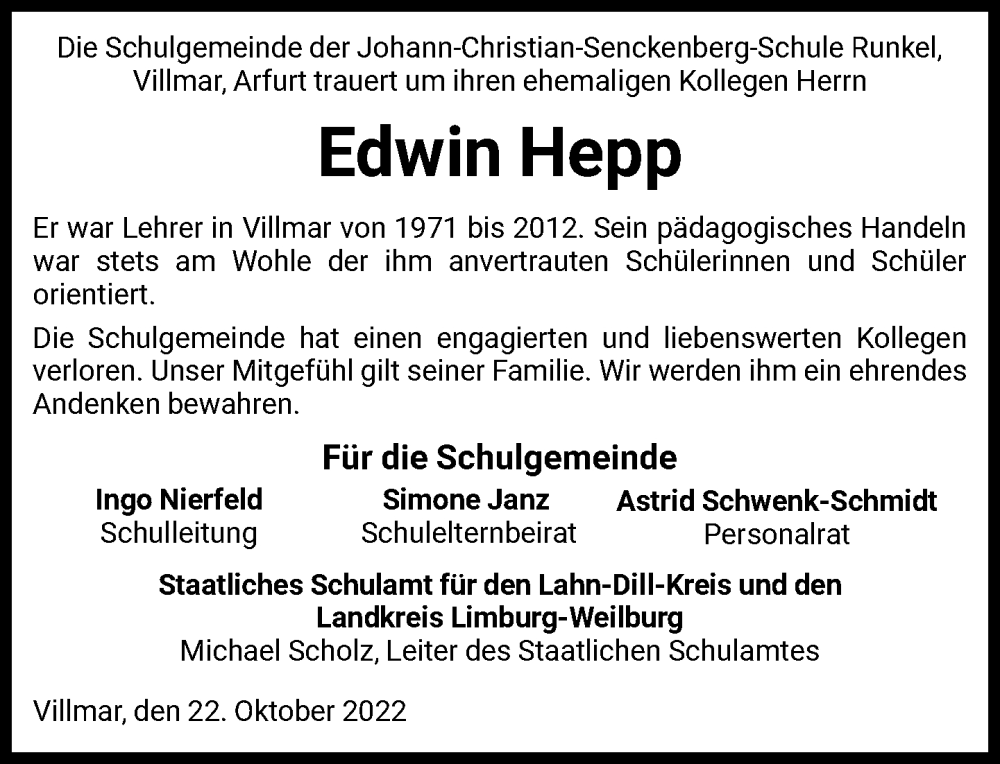  Traueranzeige für Edwin Hepp vom 22.10.2022 aus FNP