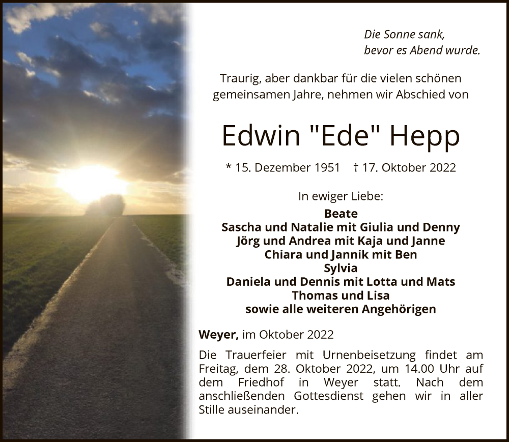  Traueranzeige für Edwin Hepp vom 22.10.2022 aus FNP