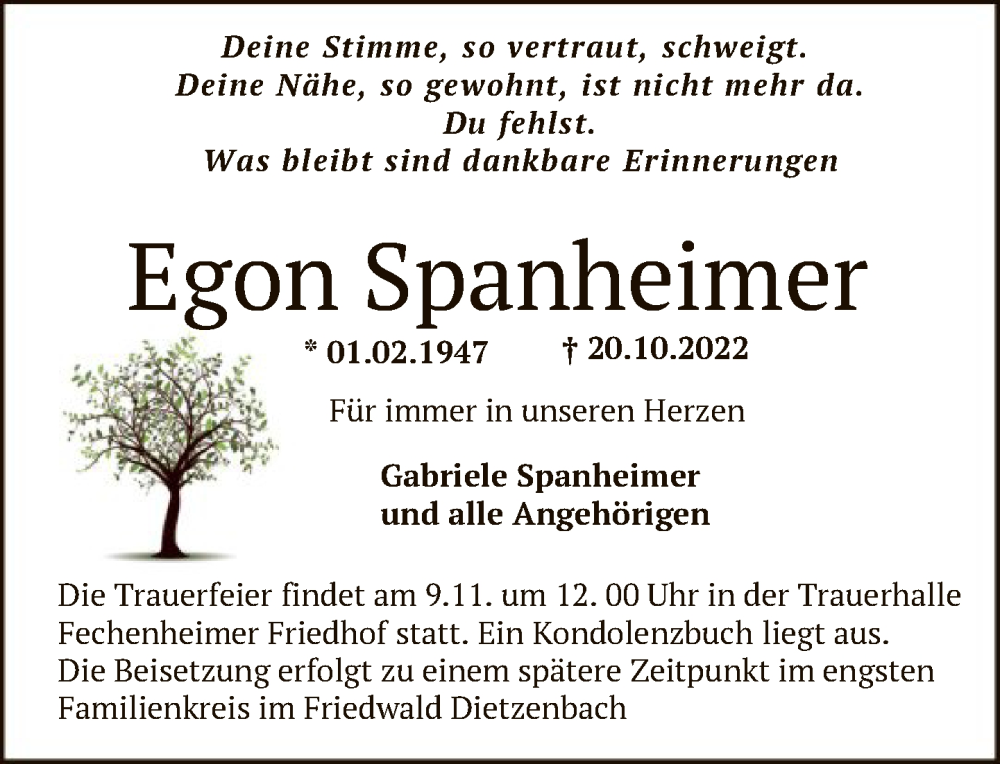  Traueranzeige für Egon Spanheimer vom 29.10.2022 aus FNP