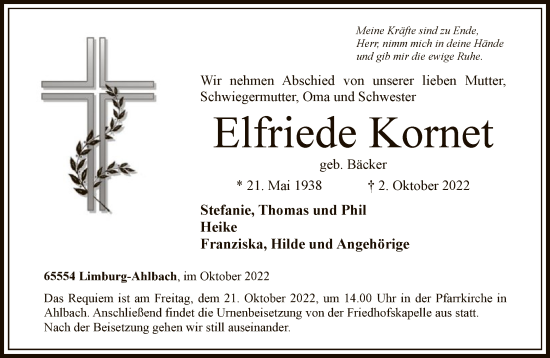 Traueranzeige von Elfriede Kornet von FNP