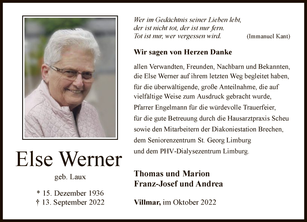  Traueranzeige für Else Werner vom 22.10.2022 aus FNP