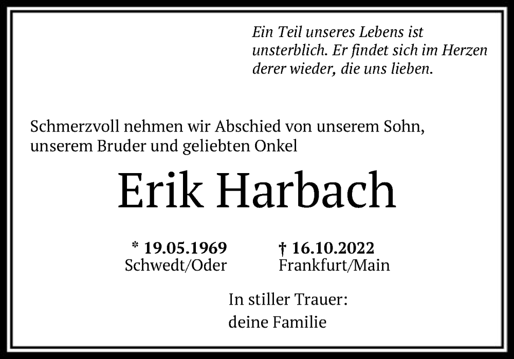  Traueranzeige für Erik Harbach vom 01.11.2022 aus FNP