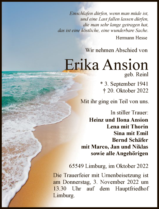 Traueranzeige von Erika Ansion von FNP