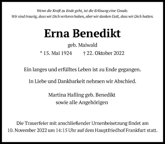 Traueranzeige von Erna Benedikt von FNP