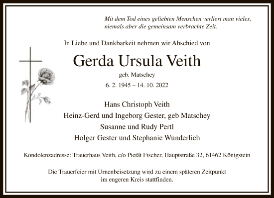 Traueranzeige von Gerda Ursula Veith von FNP