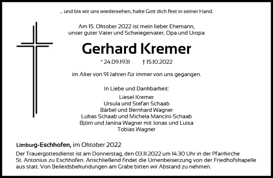 Traueranzeige von Gerhard Kremer von FNP