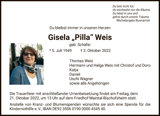 Traueranzeige von Gisela Weis von FNP