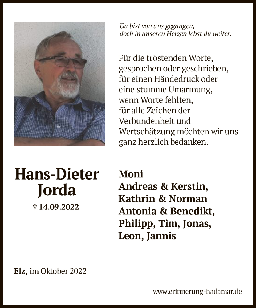  Traueranzeige für Hans-Dieter Jorda vom 15.10.2022 aus FNP