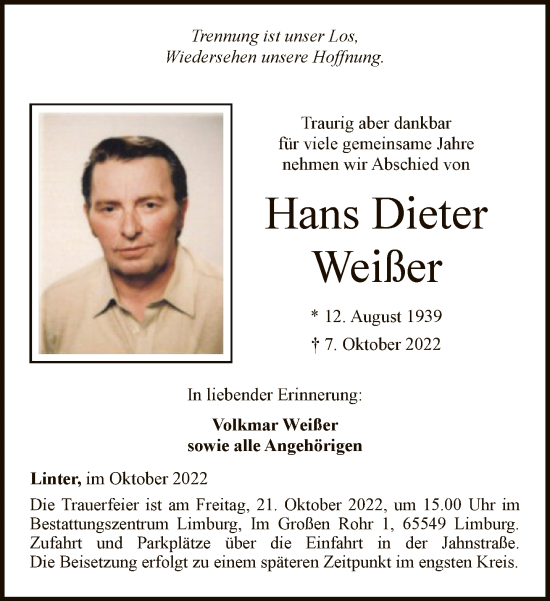 Traueranzeige von Hans Dieter Weißer von FNP