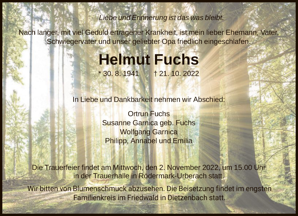  Traueranzeige für Helmut Fuchs vom 27.10.2022 aus FNP