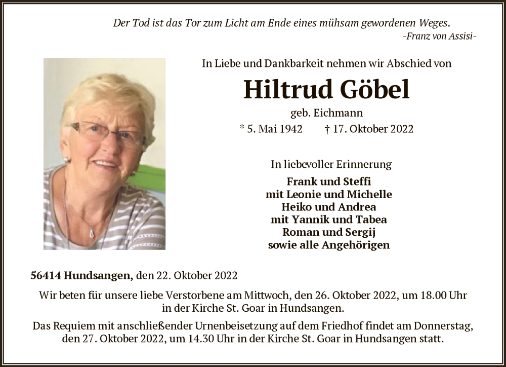 Traueranzeigen von Hiltrud Göbel | trauer-rheinmain.de