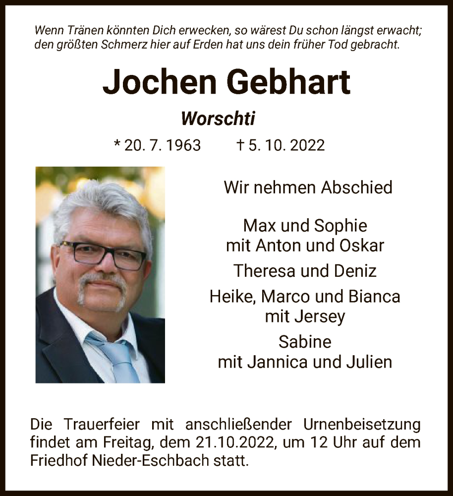  Traueranzeige für Jochen Gebhart vom 15.10.2022 aus FNP