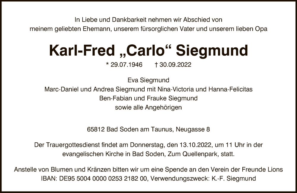 Traueranzeigen von Karl-Fred Siegmund | trauer-rheinmain.de