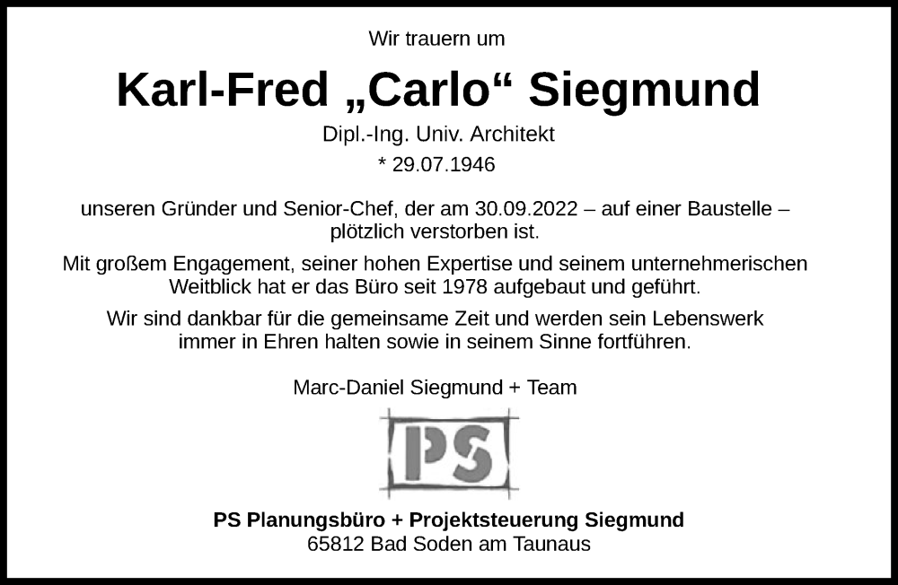 Traueranzeigen von Karl-Fred Siegmund | trauer-rheinmain.de