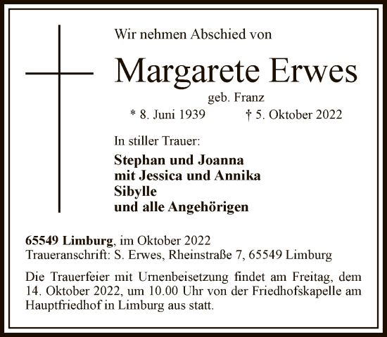 Traueranzeige von Margarete Erwes von FNP