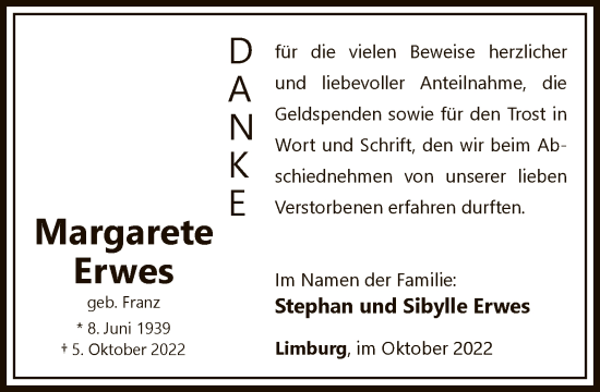 Traueranzeige von Margarete Erwes von FNP