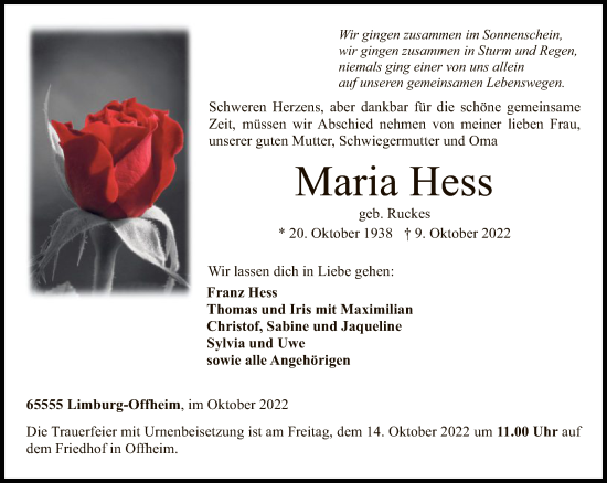 Traueranzeige von Maria Hess von FNP