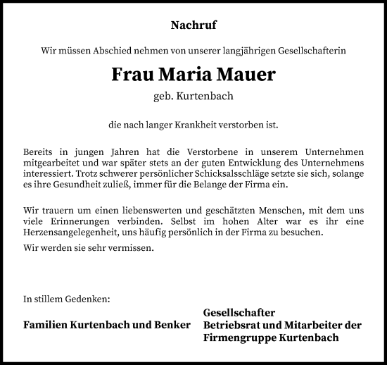 Traueranzeige von Maria Mauer von FNP