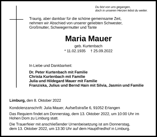 Traueranzeige von Maria Mauer von FNP