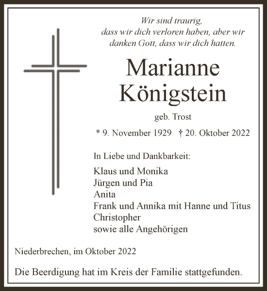 Traueranzeige von Marianne Königstein von FNP