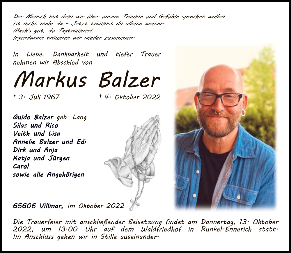  Traueranzeige für Markus Balzer vom 08.10.2022 aus FNP