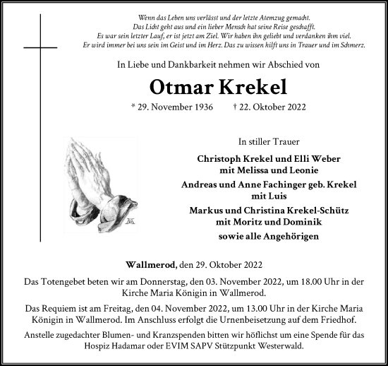 Traueranzeige von Otmar Krekel von FNP